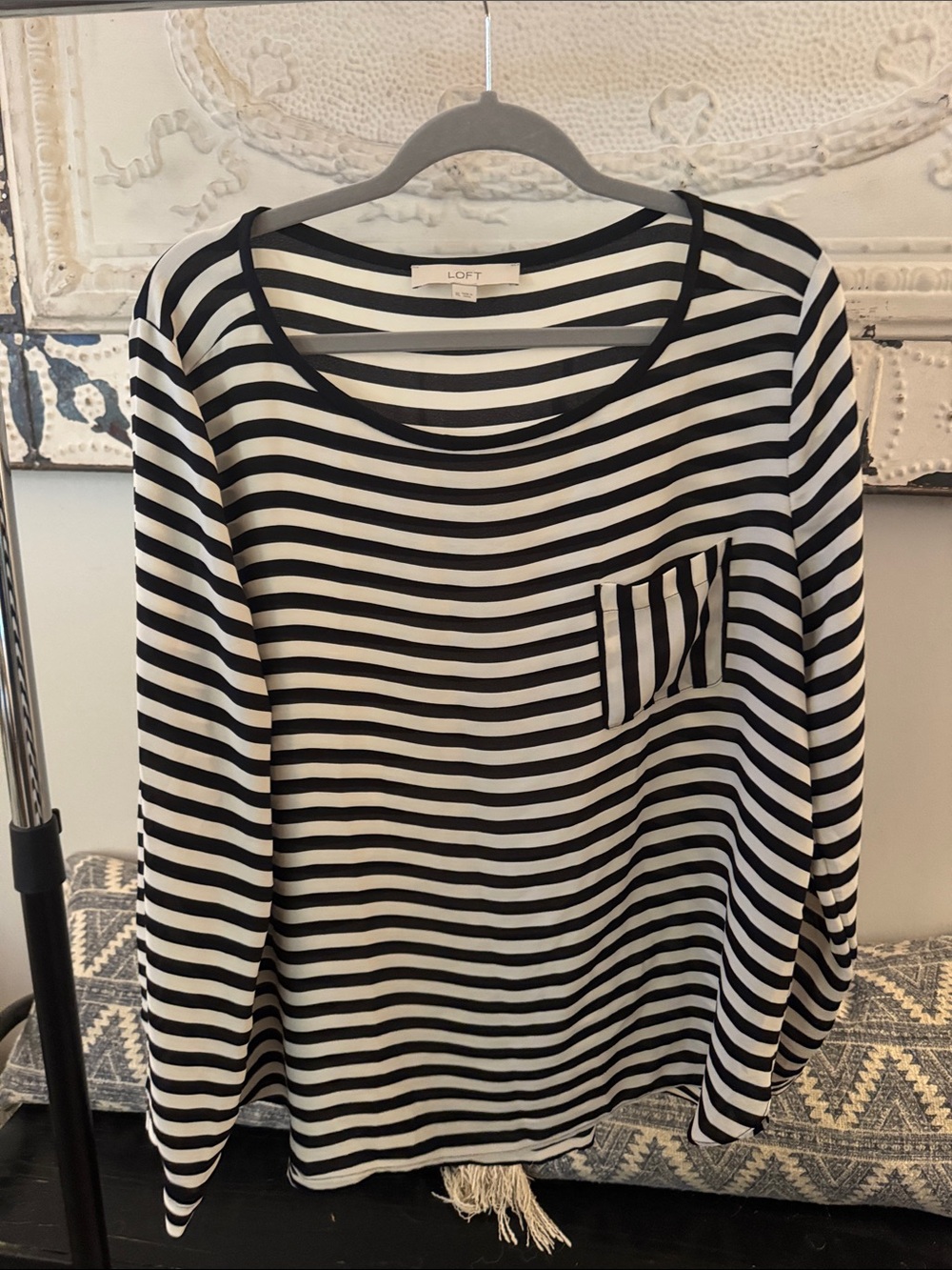 LOFT Black & White Striped Long Sleeve Pocket Top